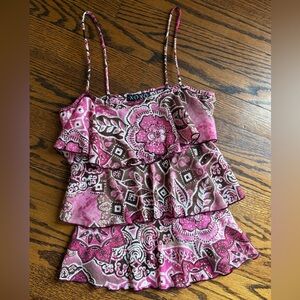 XOXO Vintage Y2K Pink and Brown Mesh Ruffle Tank Top